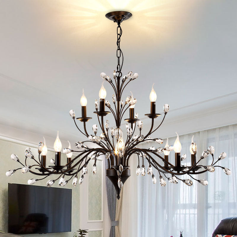 Vintage Metal Chandelier With Exposed Bulbs | 3/6/9 Lights Black Finish Crystal Draping