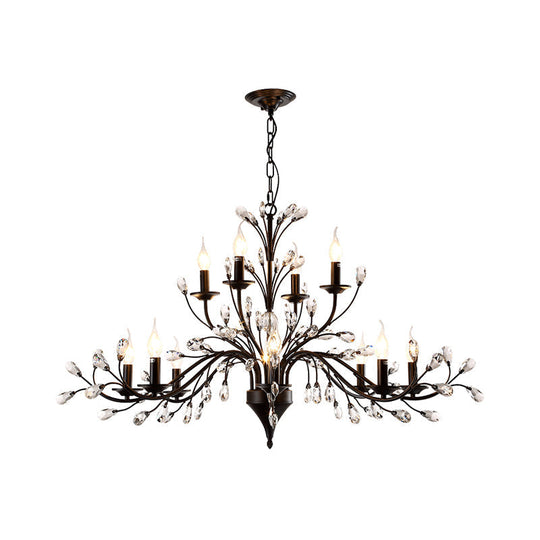 Vintage Metal Chandelier With Exposed Bulbs | 3/6/9 Lights Black Finish Crystal Draping