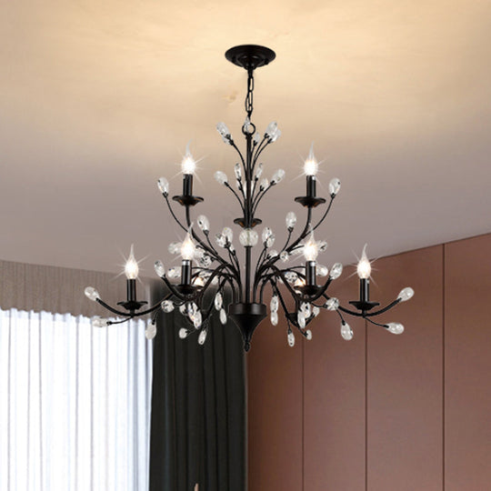 Vintage Metal Chandelier With Exposed Bulbs | 3/6/9 Lights Black Finish Crystal Draping 9 /