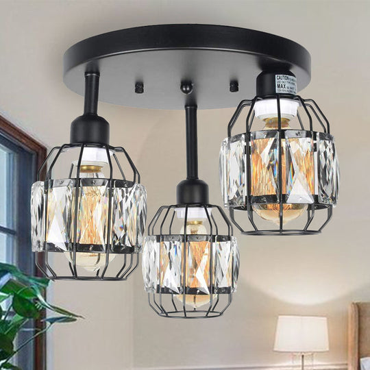 Traditional Cup Shape Iron Frame Ceiling Lamp with Crystal Accent - 3-Light Semi Flushmount in Black