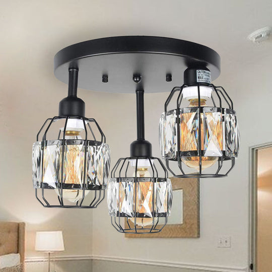 Traditional Cup Shape Iron Frame Ceiling Lamp with Crystal Accent - 3-Light Semi Flushmount in Black