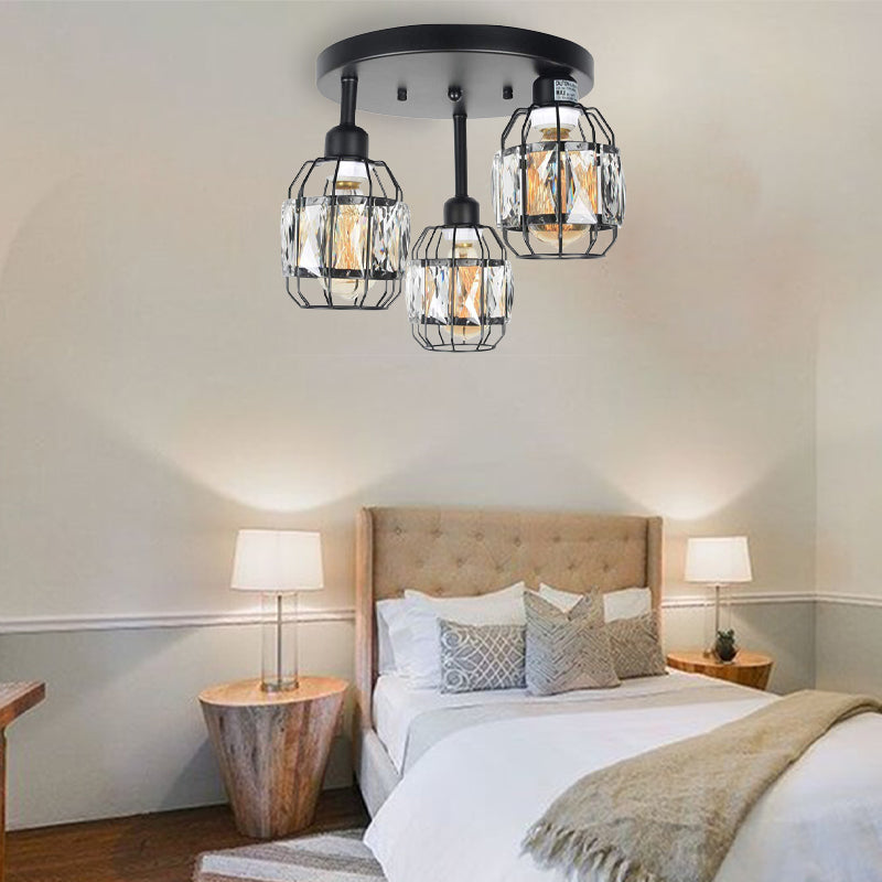 Traditional Cup Shape Iron Frame Ceiling Lamp with Crystal Accent - 3-Light Semi Flushmount in Black