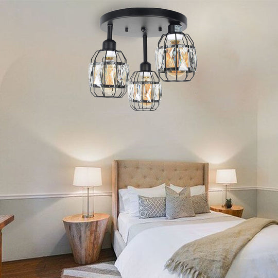 Traditional Cup Shape Iron Frame Ceiling Lamp With Crystal Accent - 3-Light Semi Flushmount In Black