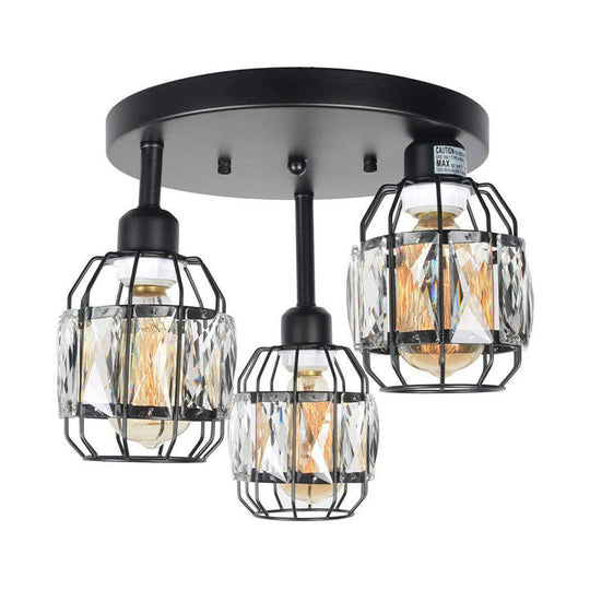 Traditional Cup Shape Iron Frame Ceiling Lamp with Crystal Accent - 3-Light Semi Flushmount in Black