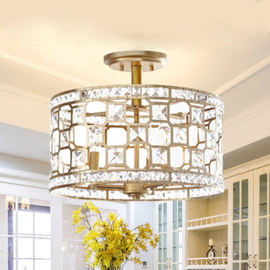 Golden Chinese Style 3-Light Semi Flush Ceiling Fixture with Metallic Crystal Shade