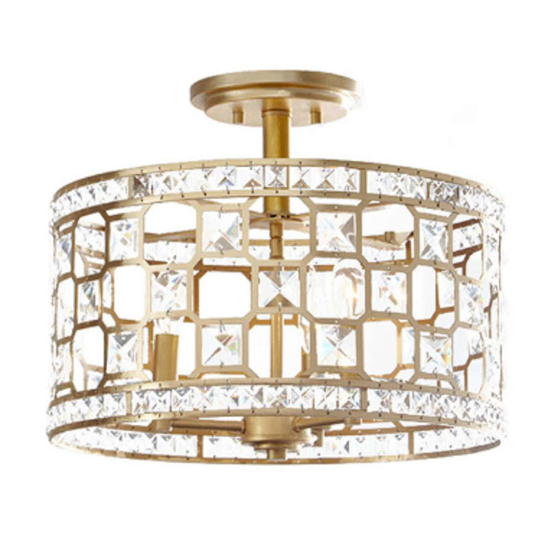 Golden Chinese Style 3-Light Semi Flush Ceiling Fixture with Metallic Crystal Shade