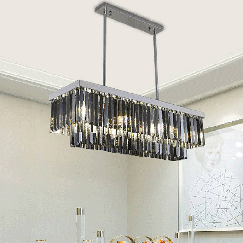 Modern Smoke Gray Crystal Rectangle Chandelier: 6/8/10 Heads Dining Room Lighting