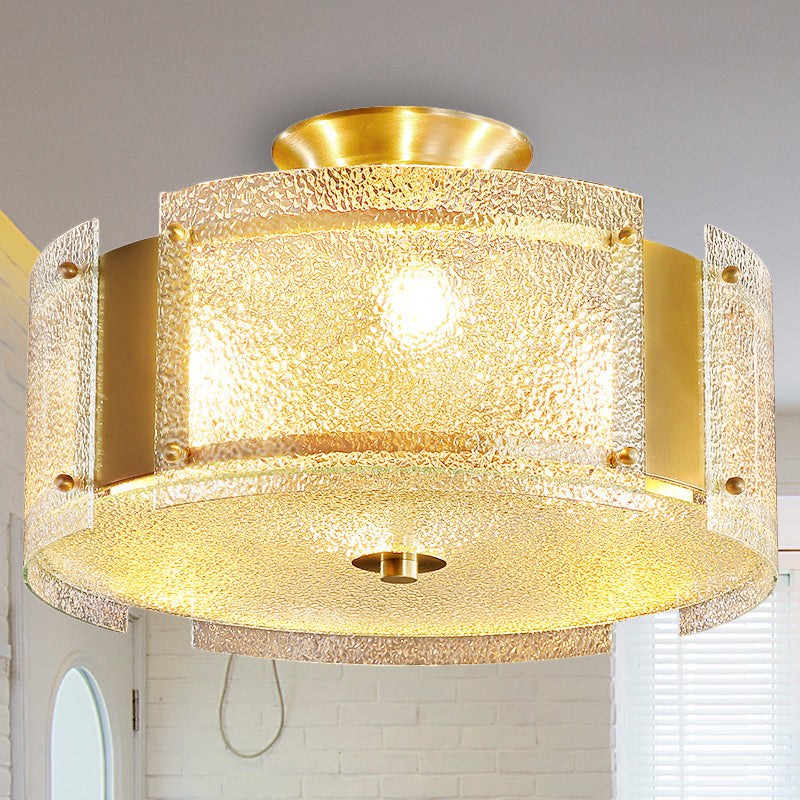 Golden 4-Light Ceiling Fixture with Water Glass Semi Flush Drum Design