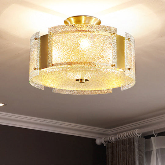 Golden 4-Light Ceiling Fixture with Water Glass Semi Flush Drum Design