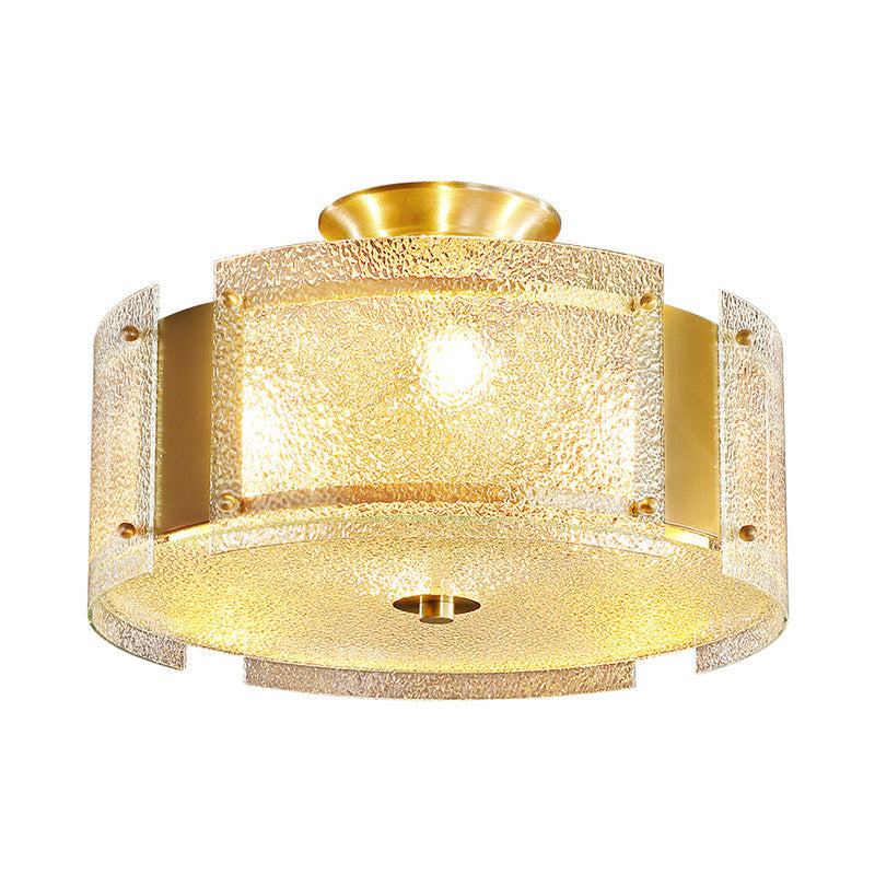 Golden 4-Light Ceiling Fixture with Water Glass Semi Flush Drum Design