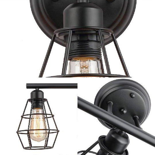 Industrial 3-Light Black Wall Sconce With Metal Cage Shade For Bathroom