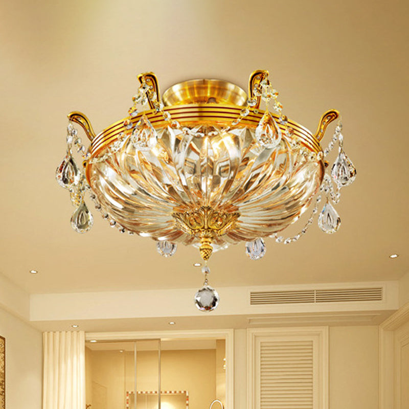 Modernist Dome Clear Glass Semi Flush Light - 5-Light Gold Ceiling Fixture with Crystal Draping