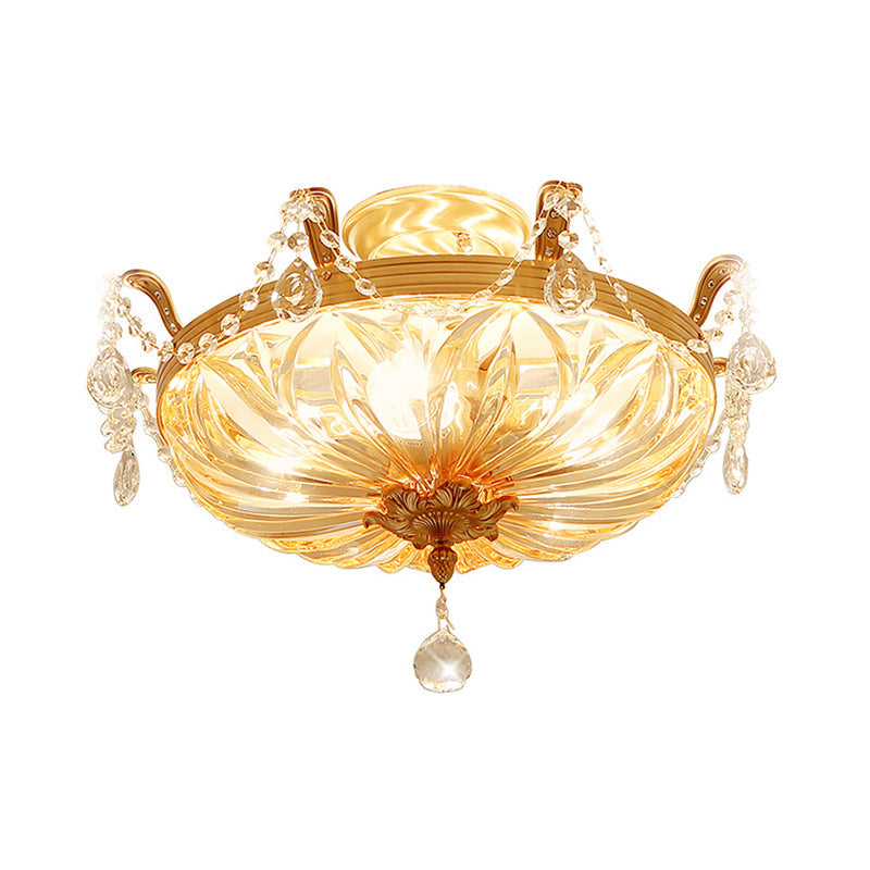 Modernist Dome Clear Glass Semi Flush Light - 5-Light Gold Ceiling Fixture with Crystal Draping