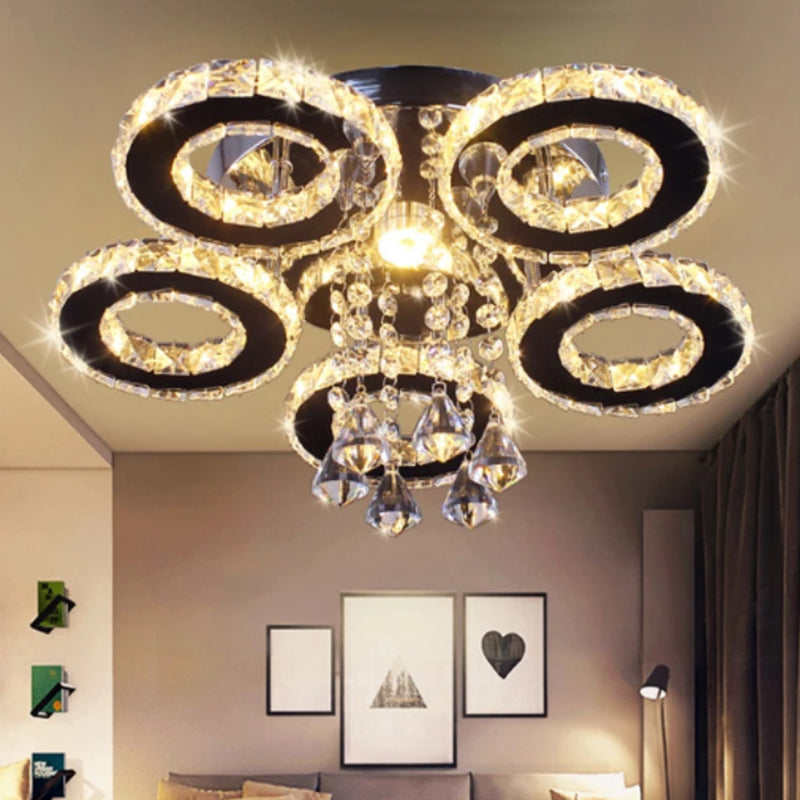 Modern Floral Crystal Semi Flush Ceiling Light - Led Stainless Steel Fixture For Bedroom