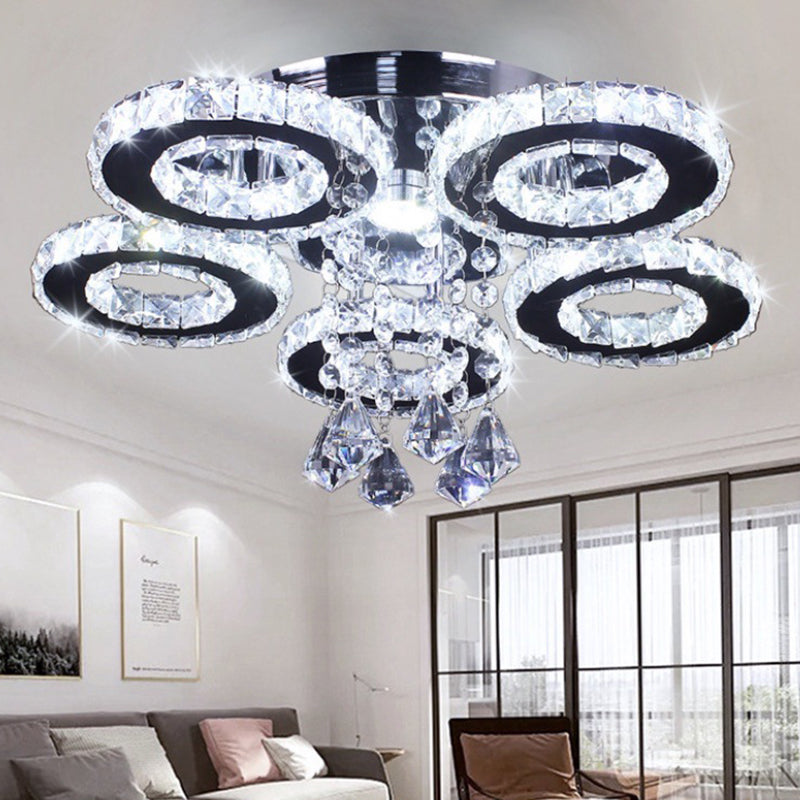 Modern Floral Crystal Semi Flush Ceiling Light - LED Stainless Steel Fixture for Bedroom