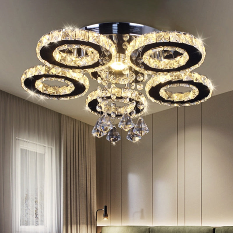 Modern Floral Crystal Semi Flush Ceiling Light - LED Stainless Steel Fixture for Bedroom