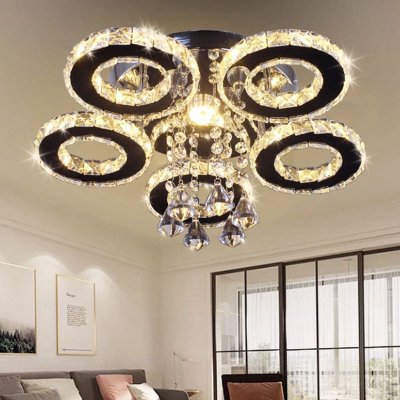 Modern Floral Crystal Semi Flush Ceiling Light - LED Stainless Steel Fixture for Bedroom