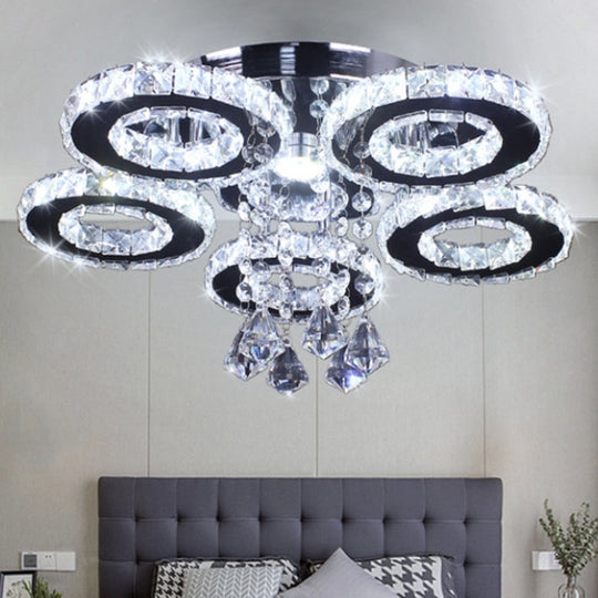 Modern Floral Crystal Semi Flush Ceiling Light - LED Stainless Steel Fixture for Bedroom