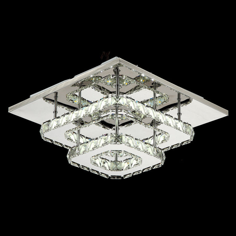 Sleek Quad Crystal Ceiling Light - Modern Stainless Steel Led Flush Mount For Foyer