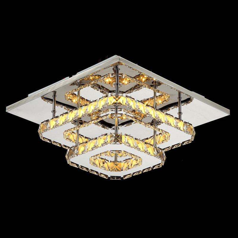 Sleek Quad Crystal Ceiling Light - Modern Stainless Steel Led Flush Mount For Foyer