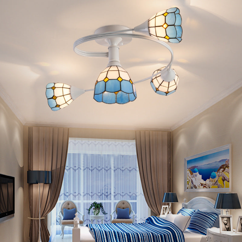 Mediterranean Swirl Semi Flush Ceiling Light With Floral Accents Blue And White Glass Ideal For