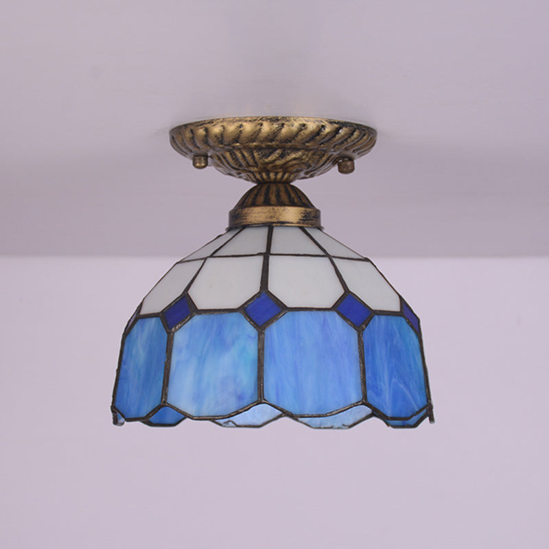 Mediterranean Cut Glass Small Floral Ceiling Mount Lamp - 1 Head Semi Flush Lighting For Elegant