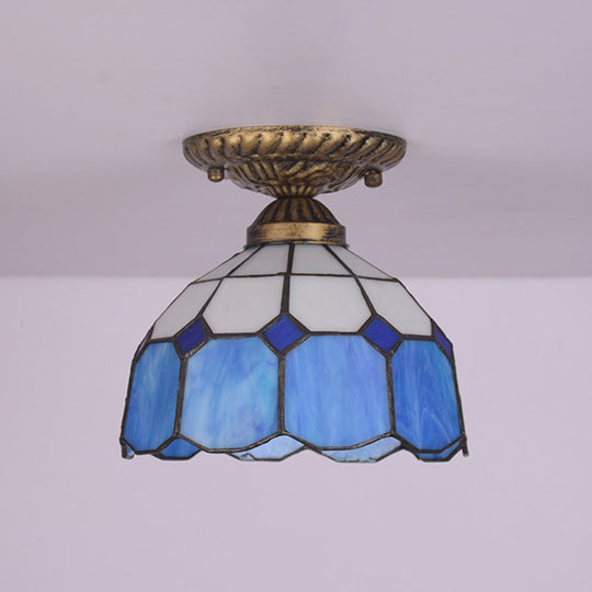 Mediterranean Cut Glass Small Floral Ceiling Mount Lamp - 1 Head Semi Flush Lighting For Elegant