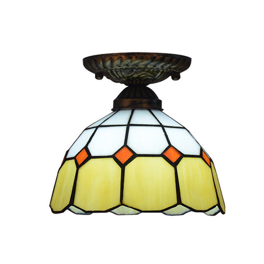 Mediterranean Cut Glass Small Floral Ceiling Mount Lamp - 1 Head Semi Flush Lighting For Elegant