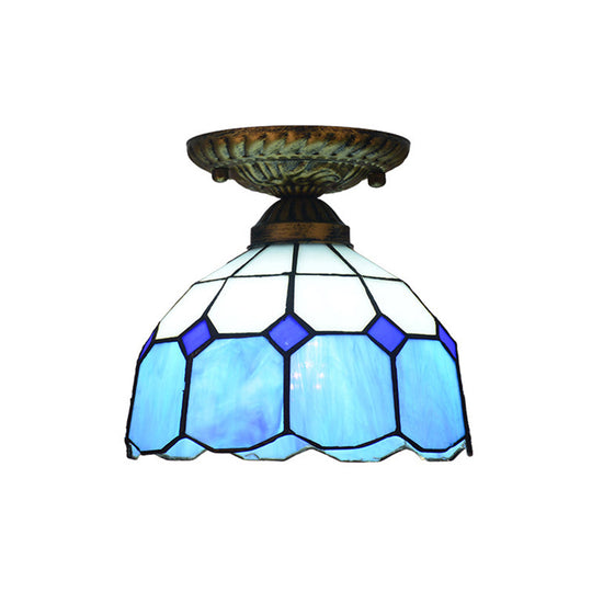 Mediterranean Cut Glass Small Floral Ceiling Mount Lamp - 1 Head Semi Flush Lighting For Elegant