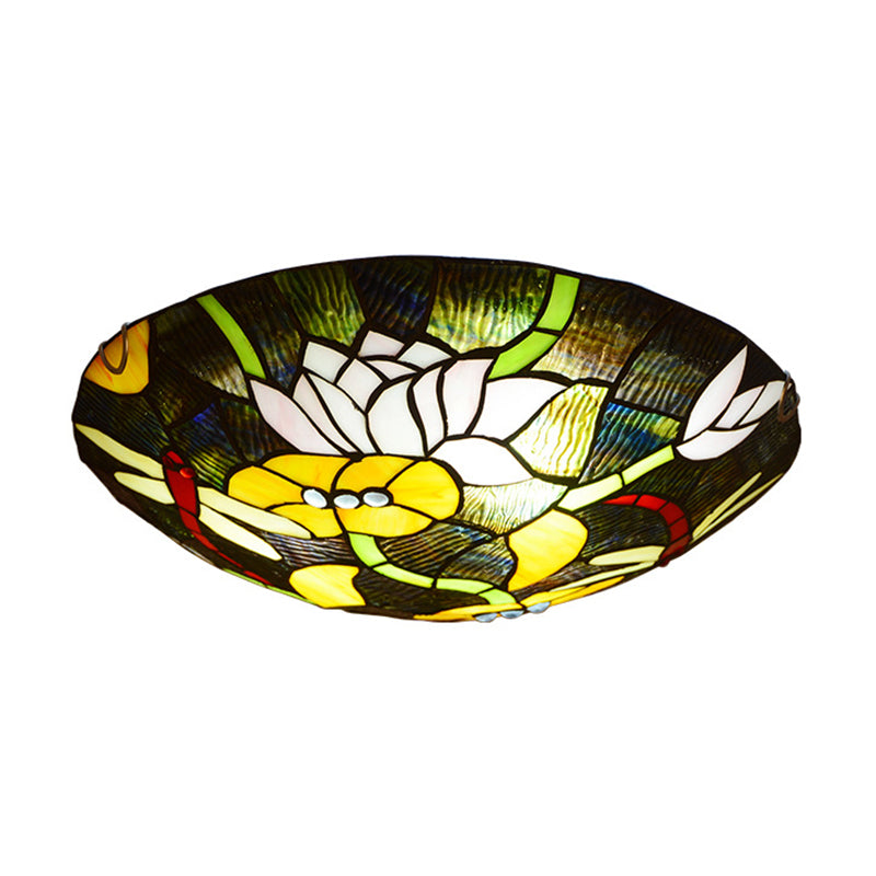 Tiffany Stained Glass Black Bowl Ceiling Lamp - Lotus And Dragonfly Flush Mount Light