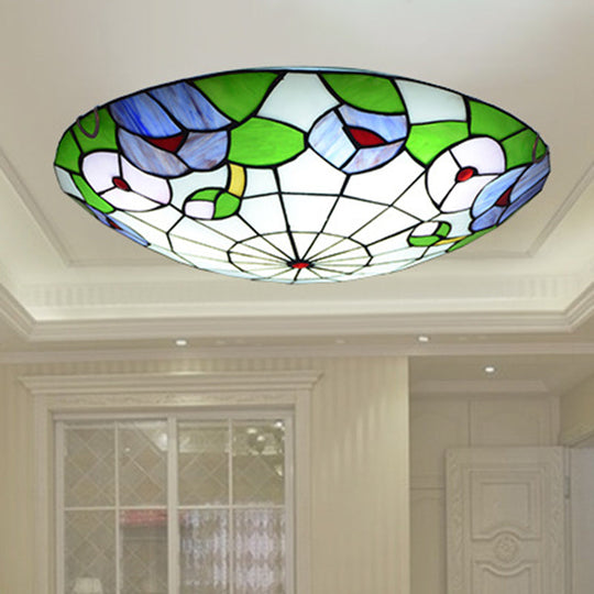 Tiffany Morning Glory Stained Glass Flush Mount Ceiling Light - Green