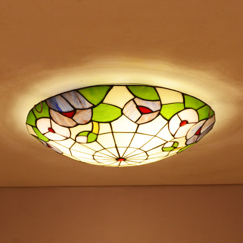 Tiffany Morning Glory Stained Glass Flush Mount Ceiling Light - Green