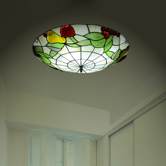 Tiffany Cut Glass Flush Mount Ceiling Lamp With Fruit Pattern In Green