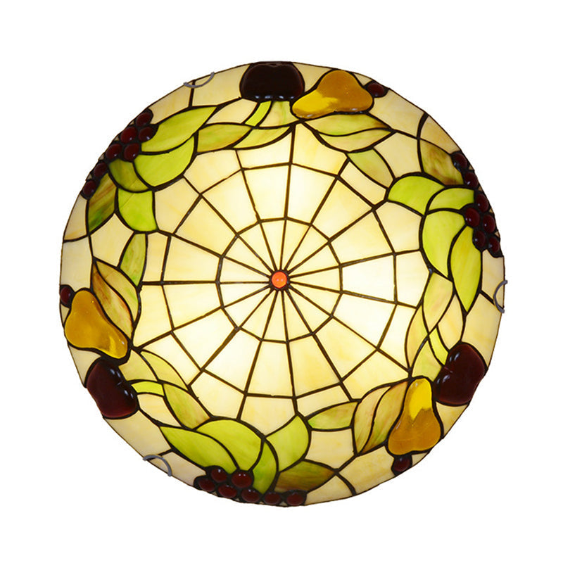 Tiffany Cut Glass Flush Mount Ceiling Lamp With Fruit Pattern In Green