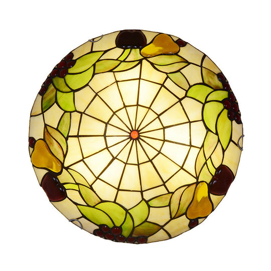 Tiffany Cut Glass Flush Mount Ceiling Lamp With Fruit Pattern In Green