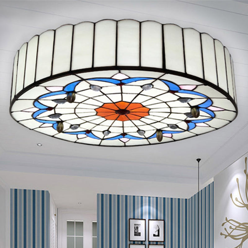 Mediterranean Stained Glass Drum Ceiling Mount Light for Bedroom