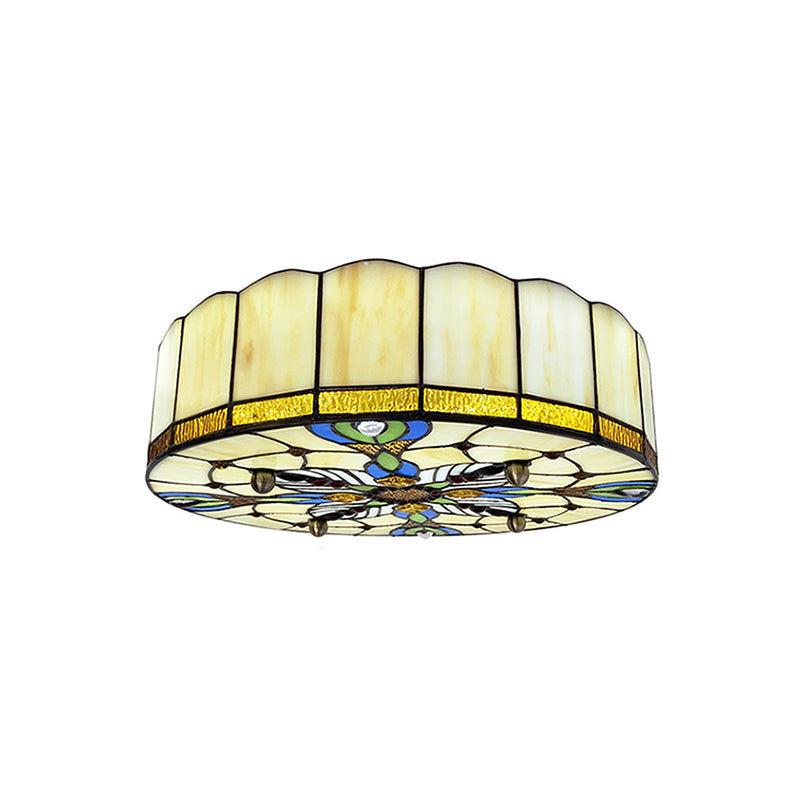 Mediterranean Stained Glass Drum Ceiling Mount Light for Bedroom