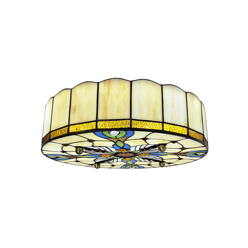 Mediterranean Stained Glass Drum Ceiling Mount Light for Bedroom