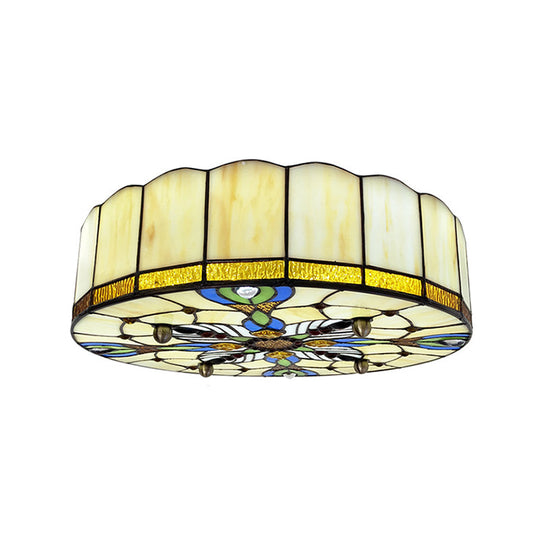 Mediterranean Stained Glass Drum Ceiling Mount Light For Bedroom Beige / 31.5