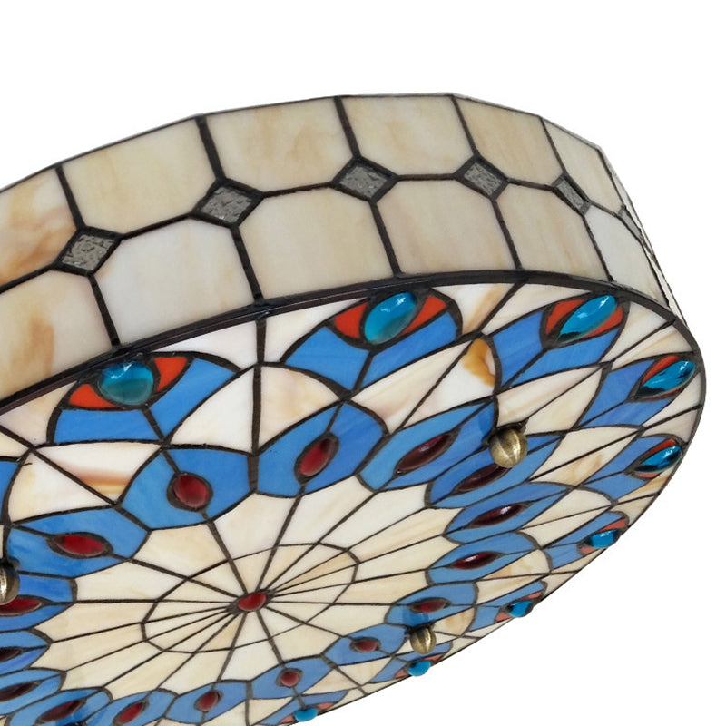 Mediterranean Stained Glass Drum Ceiling Mount Light for Bedroom