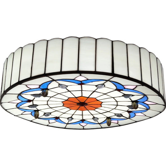 Mediterranean Stained Glass Drum Ceiling Mount Light for Bedroom