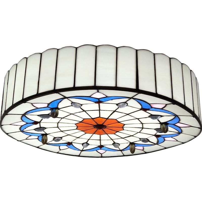 Mediterranean Stained Glass Drum Ceiling Mount Light For Bedroom