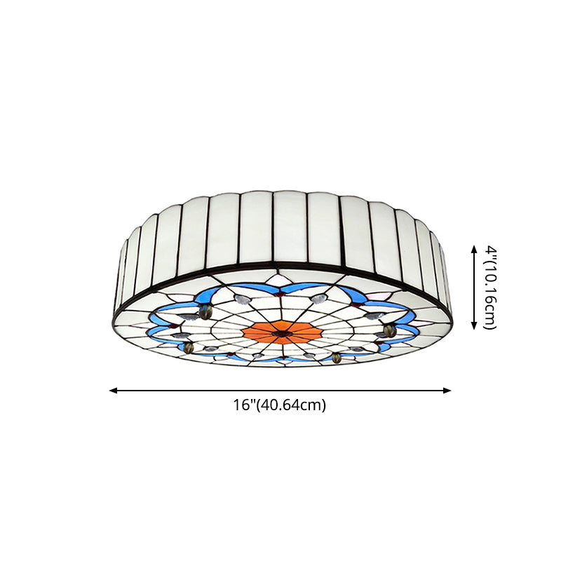 Mediterranean Stained Glass Drum Ceiling Mount Light For Bedroom