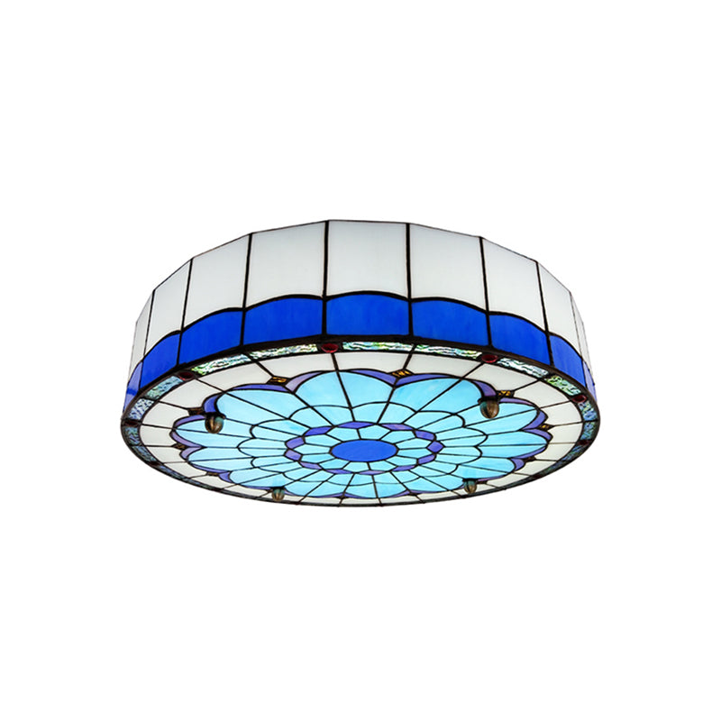 Mediterranean Stained Glass Drum Ceiling Mount Light For Bedroom Blue / 19.5