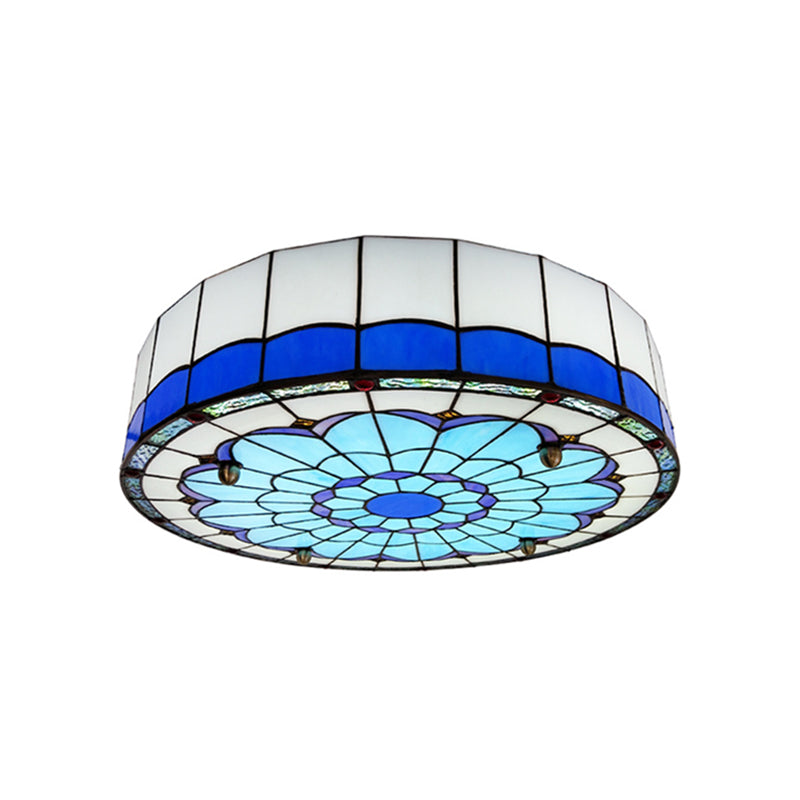 Mediterranean Stained Glass Drum Ceiling Mount Light for Bedroom