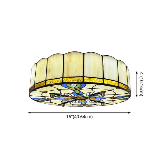 Mediterranean Stained Glass Drum Ceiling Mount Light for Bedroom