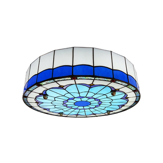 Mediterranean Stained Glass Drum Ceiling Mount Light for Bedroom