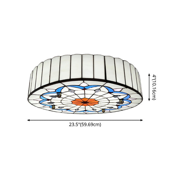 Mediterranean Stained Glass Drum Ceiling Mount Light For Bedroom