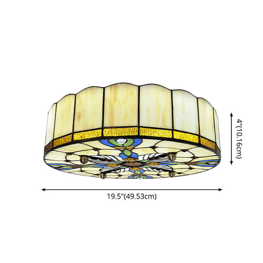 Mediterranean Stained Glass Drum Ceiling Mount Light for Bedroom