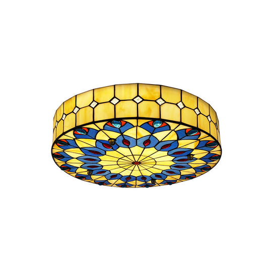 Mediterranean Stained Glass Drum Ceiling Mount Light for Bedroom